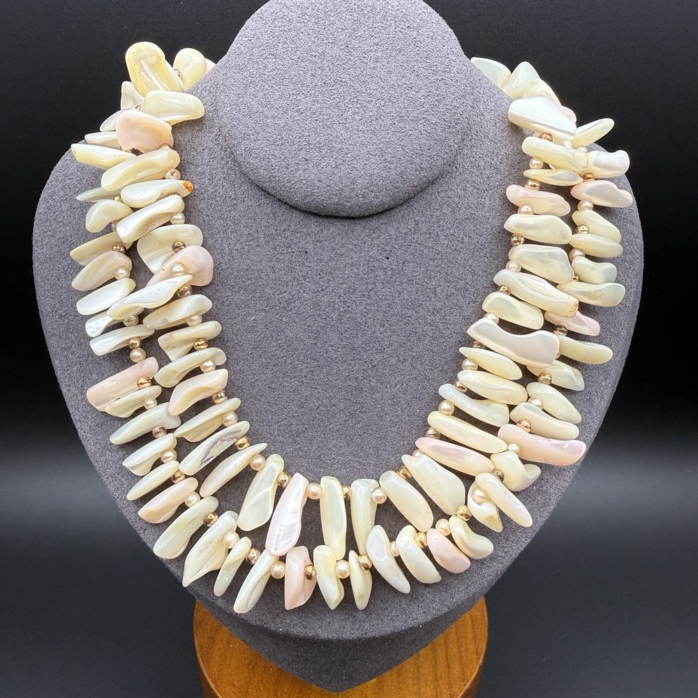 Vintage Double Strand Mother of Pearl Shell Beaded Necklace Beach Boho Statement